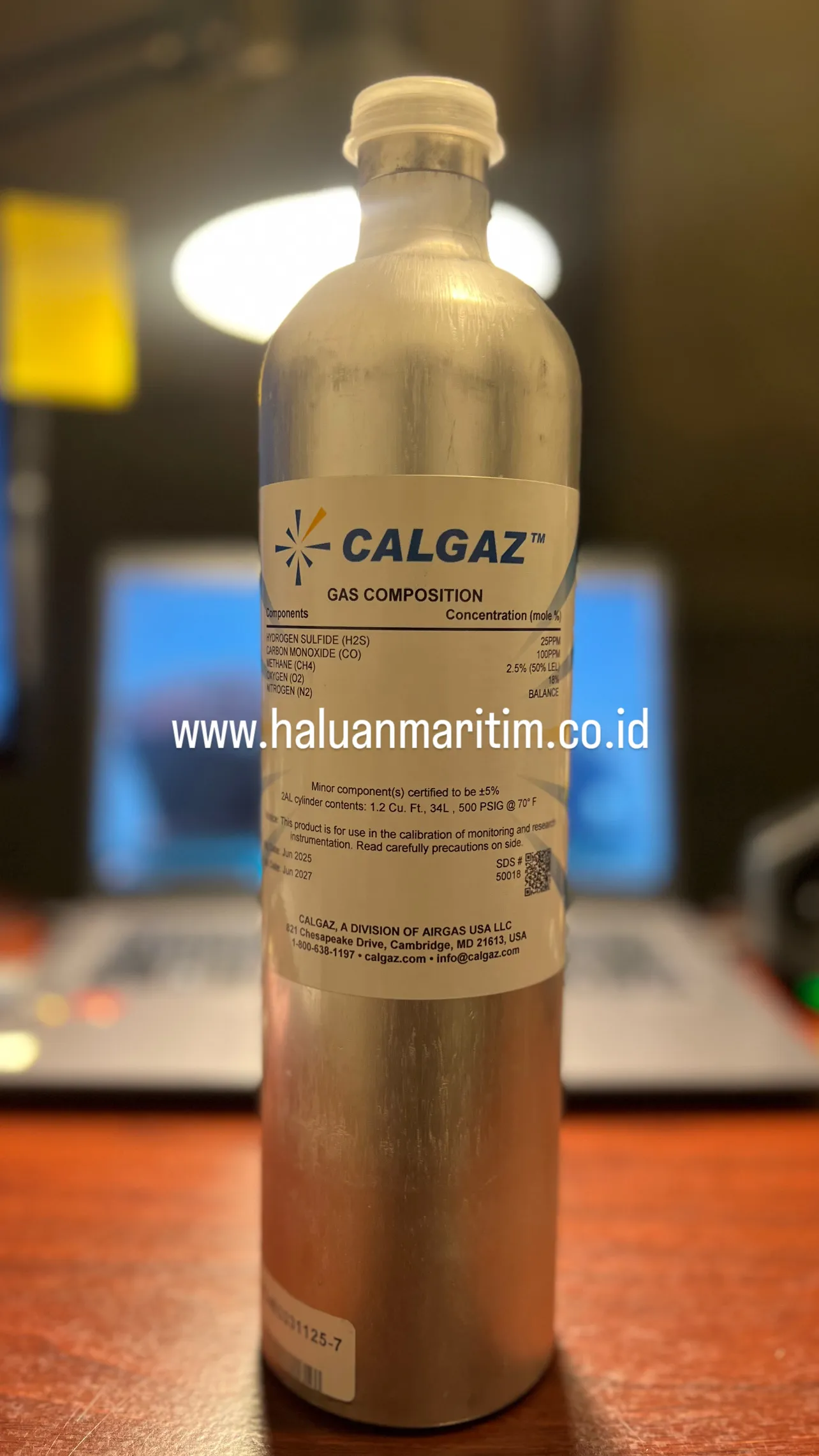 SPAN GAS CALGAZ 25 PPM H2S 100 PPM CO 2.5%(50%LEL) METHANE 18% O2 BALANCE N2 34 LITER