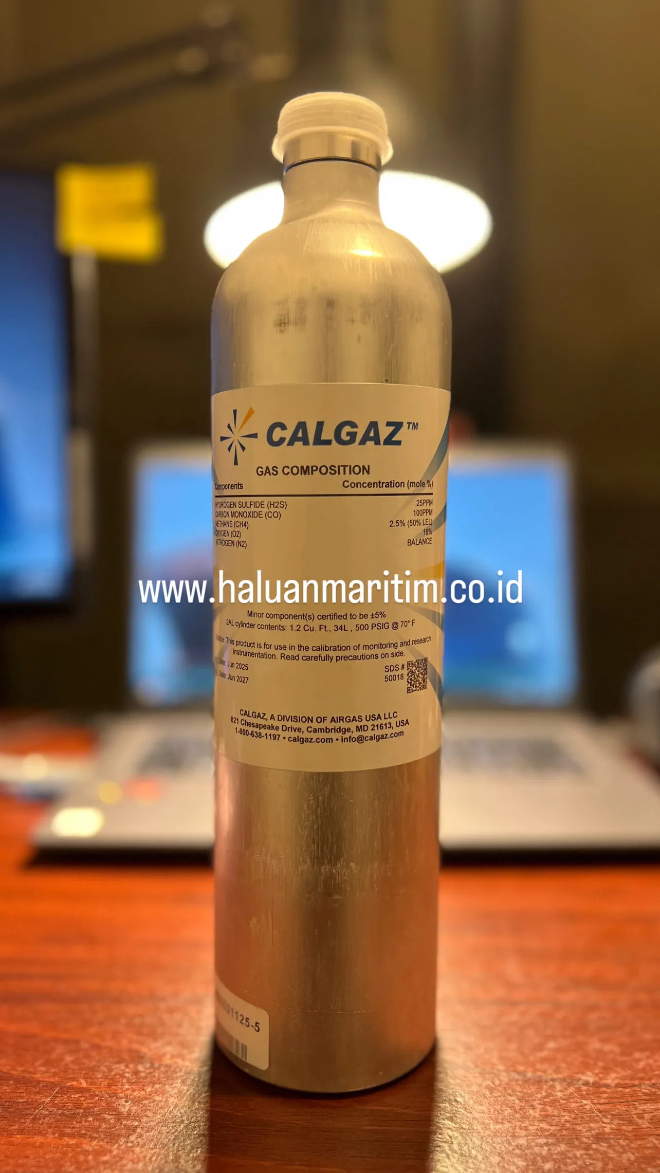 SPAN GAS CALGAZ 25 PPM H2S 100 PPM CO 2.5%(50%LEL) METHANE 18% O2 BALANCE N2 34 LITER