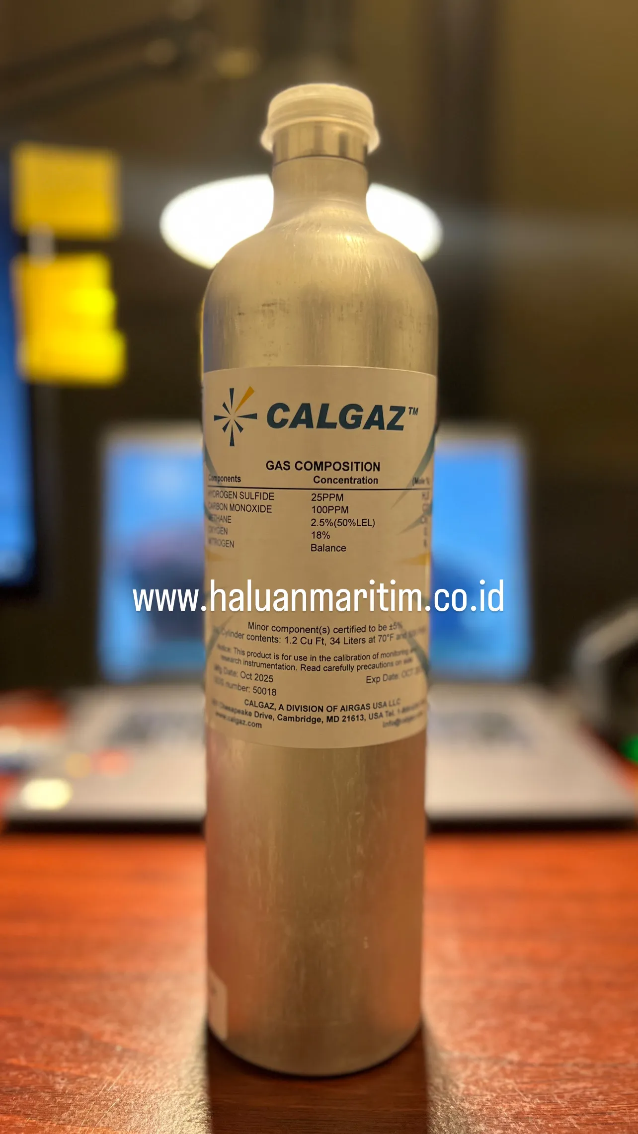 SPAN GAS CALGAZ MIX GAS 25PPM H2S 100PPM CO 2.5%(50%LEL) METHANE 18% O2 BALANCE N2 34 LITER