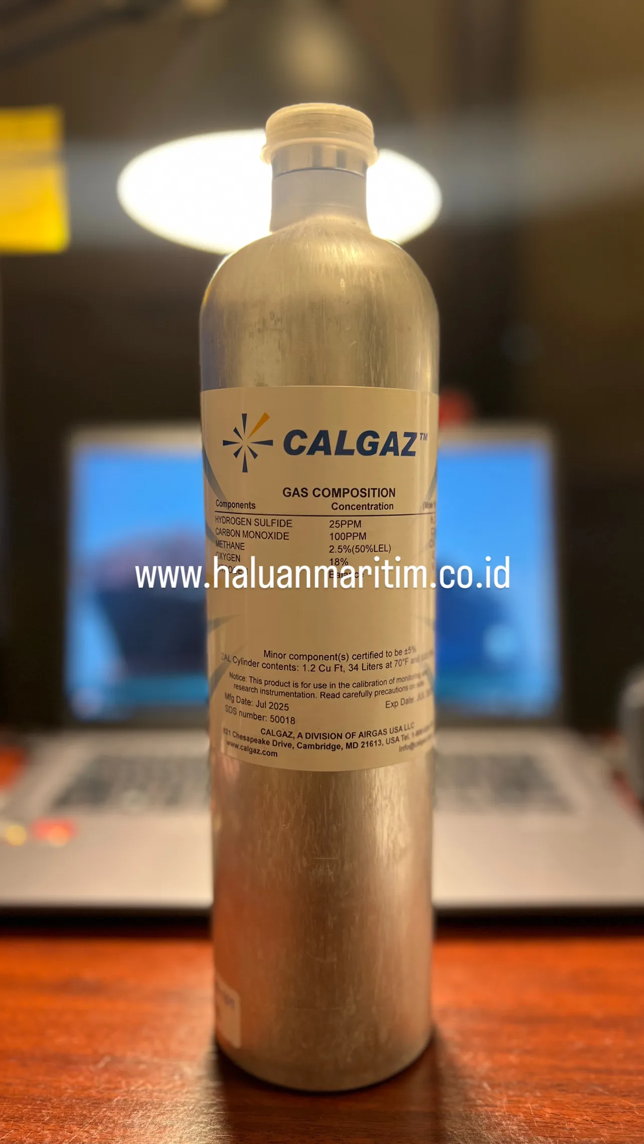 SPAN GAS CALGAZ 25PPM H2S 100PPM CO 2.5%(50%LEL) METHANE 18% O2 BALANCE N2 34 LITER