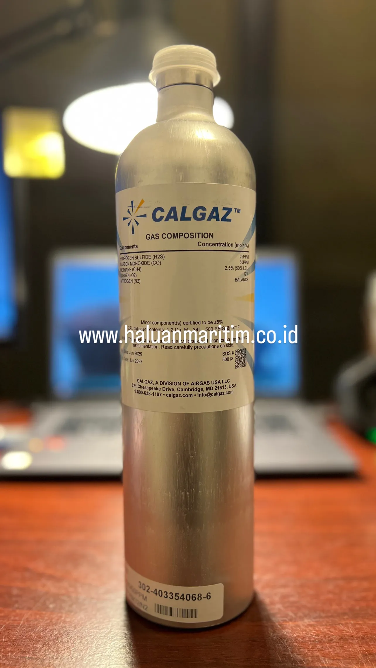 SPAN GAS CALGAZ 25 PPM H2S 50 PPM CO 2.5%(50%LEL) METHANE 12% O2 NITROGEN BALANCE 34 LITER