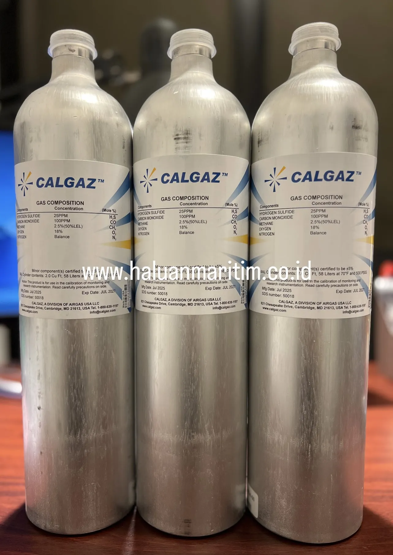 SPAN GAS CALGAZ 25 PPM H2S 100 PPM CO 2.5%(50%LEL) METHANE 18% O2 BALANCE NITROGEN 58 LITER