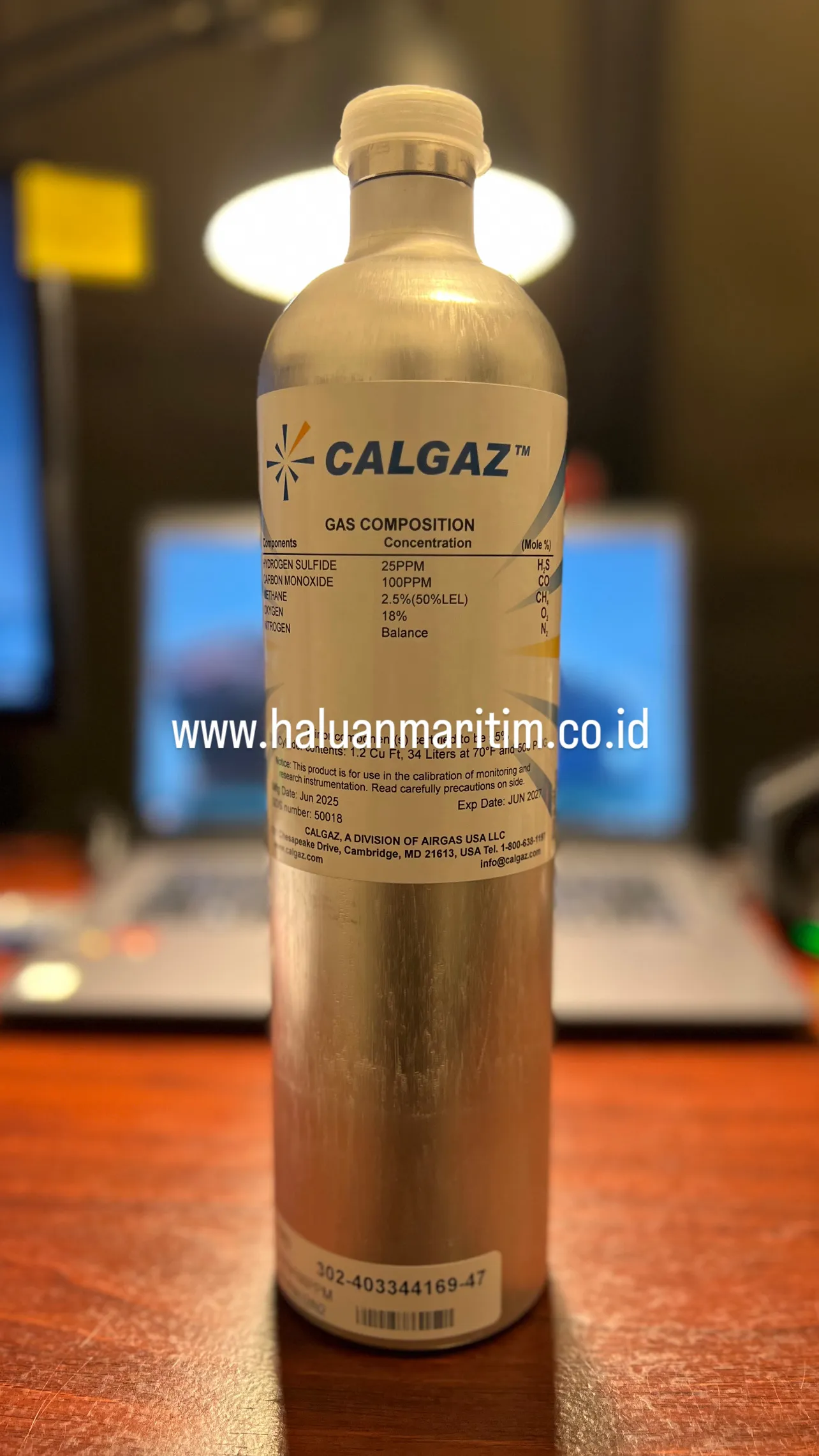 SPAN GAS CALGAZ 25 PPM H2S 100 PPM CO 2.5%(50%LEL) METHANE 18% O2 BALANCE N2 34 LITER