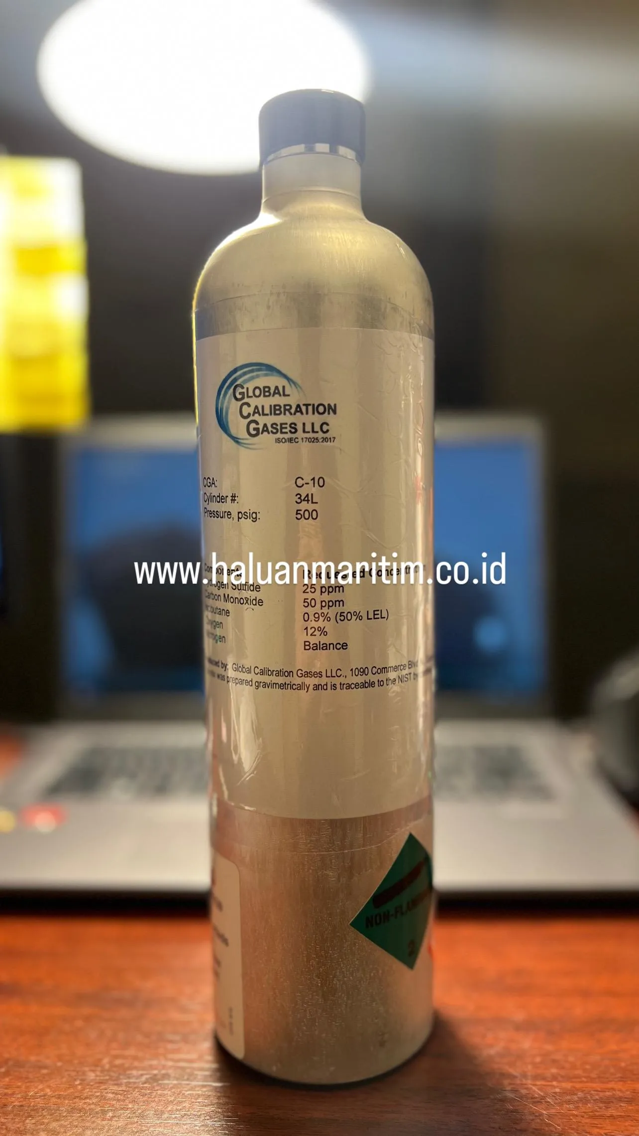 SPAN GAS GLOBAL CALIBRATION GASES LLC 25PPM H2S 50PPM CO 0.9%(50%LEL) ISOBUTANE 12% O2 BALANCE N2 34 LITER