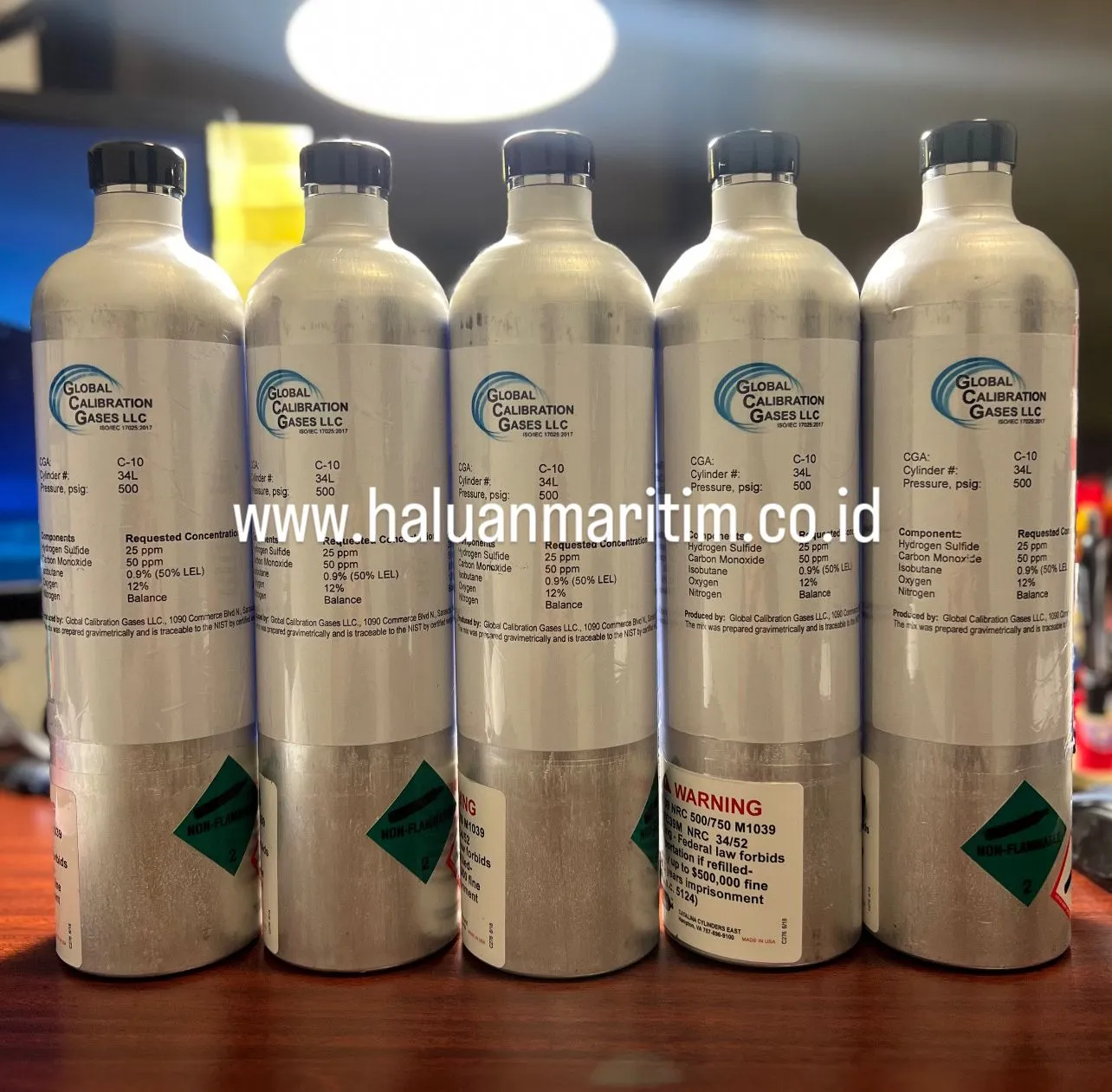 SPAN GAS GLOBAL CALIBRATION GASES LLC 25PPM H2S 50PPM CO 0.9%(50%LEL) ISOBUTANE 12% O2 BALANCE N2 34 LITER