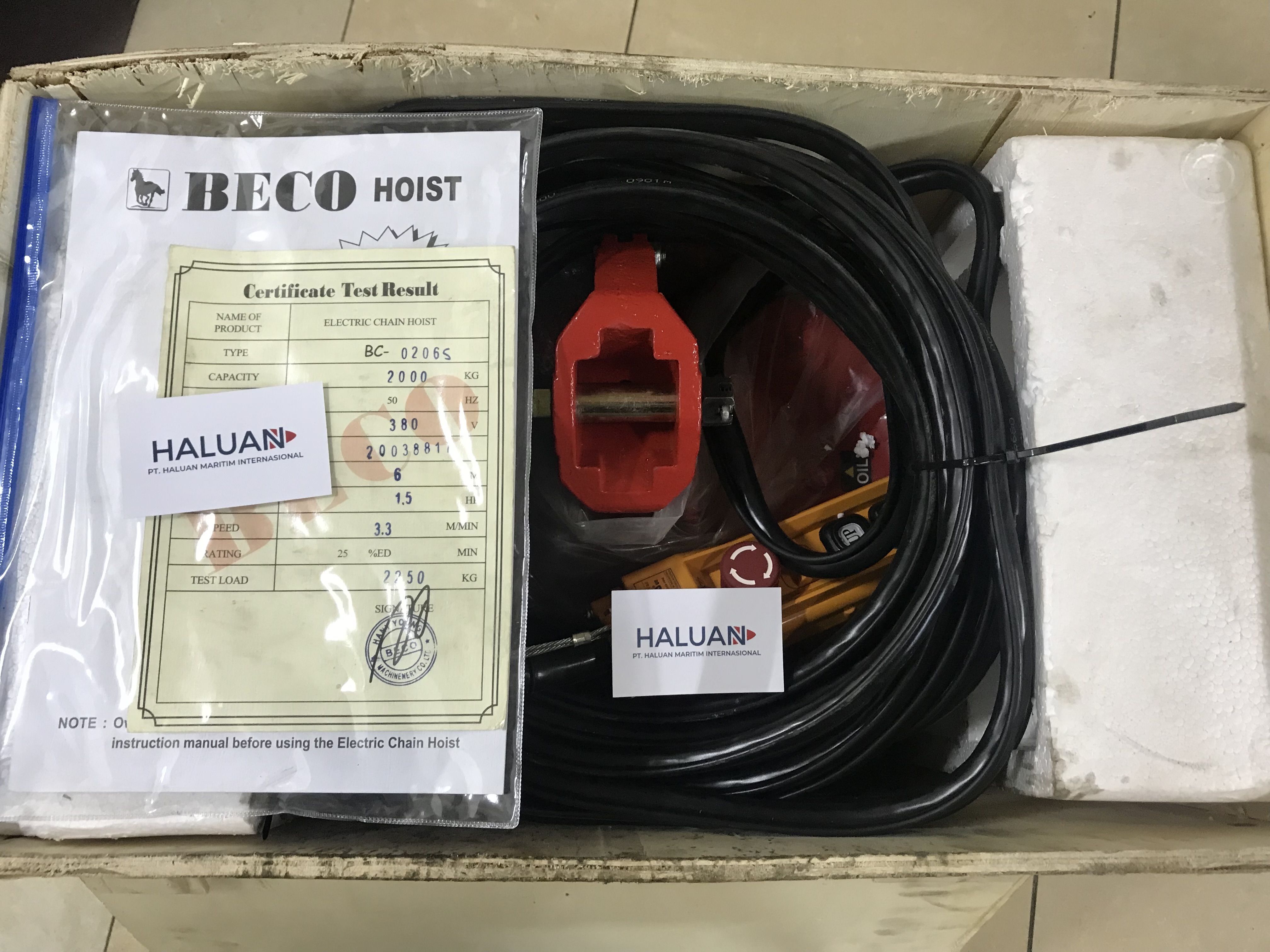 ELECTRIC CHAIN HOIST CAP.  2 TON X 12MTR, 3-PHASE, 380V